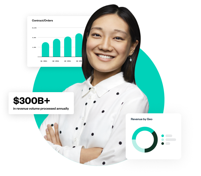 Image of a woman with charts around her.