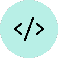A black forward slash and backslash icon inside a circle with a light blue background.