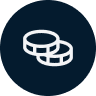Icon depicting two stacked coins outlined in white on a dark blue circular background.