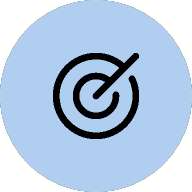 A black target icon with an arrow hitting the center, on a light blue circular background.