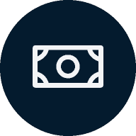Icon of a stylized banknote on a dark blue circular background.