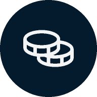 Icon of two overlapping, white, rounded coins on a dark blue circular background.