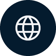 White globe icon on a dark blue circular background.