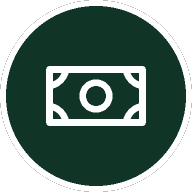 Icon of a white dollar bill inside a dark green circle with a white border.