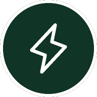 A white lightning bolt icon on a dark green circular background.
