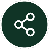 A dark green circle with a white share icon, featuring three connected dots.