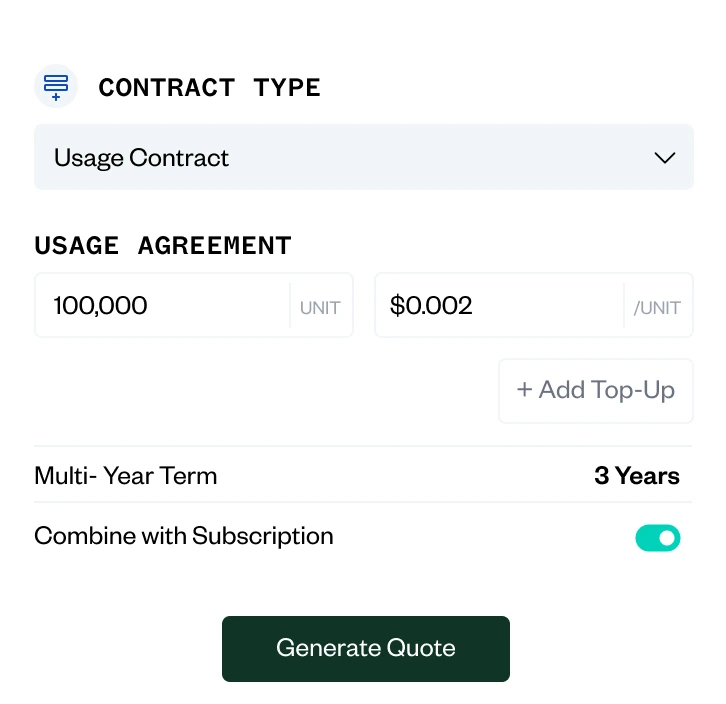 Contract selection interface showing "Usage Contract," a usage agreement for 100,000 units at $0.002 per unit, a 3-year term, and an option toggled for subscription.