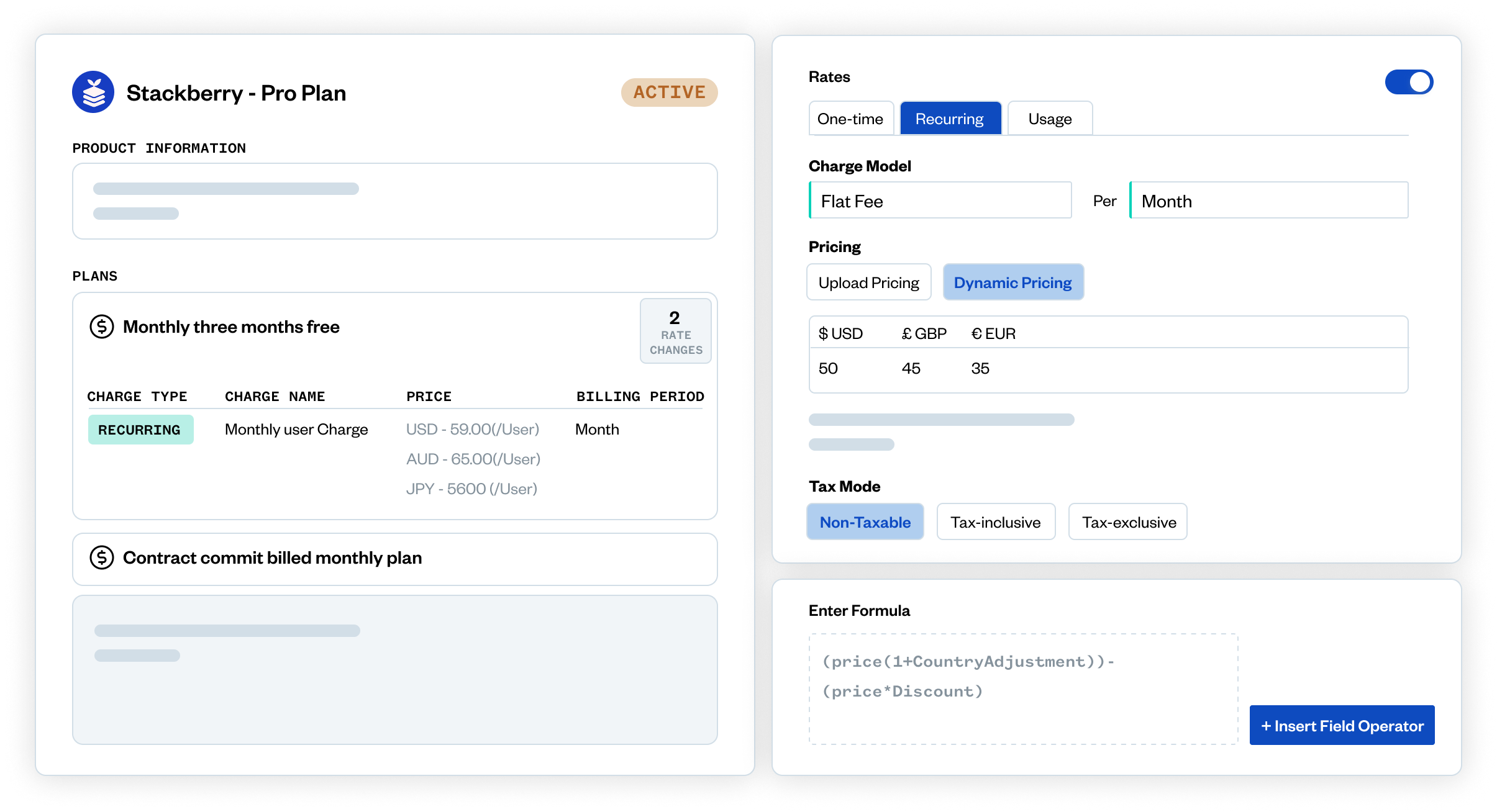 Screenshot of a billing interface showing a pro plan selection, pricing models, currencies, tax options, and a section to insert field operators for custom formulas.